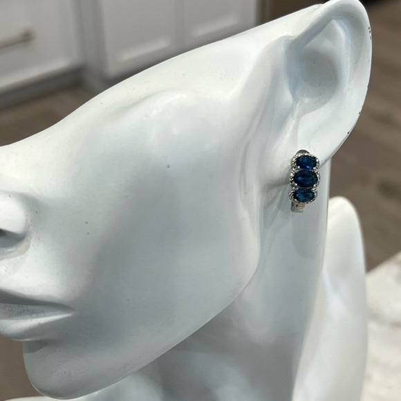 Trilogy Blue Gemstone Diamond Accent Latch Back Earrings - Picture 4 of 11